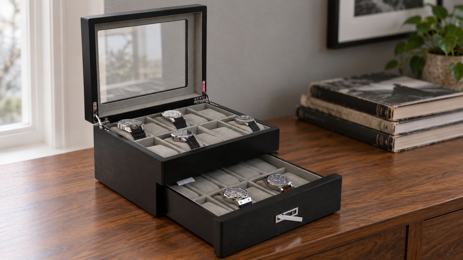 Black wood watch box with glass lid and pull-out drawer, holding watches on a walnut console