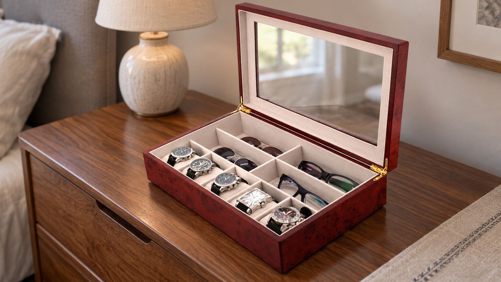 Red burlwood valet box with glass lid holding watches and sunglasses on a dresser