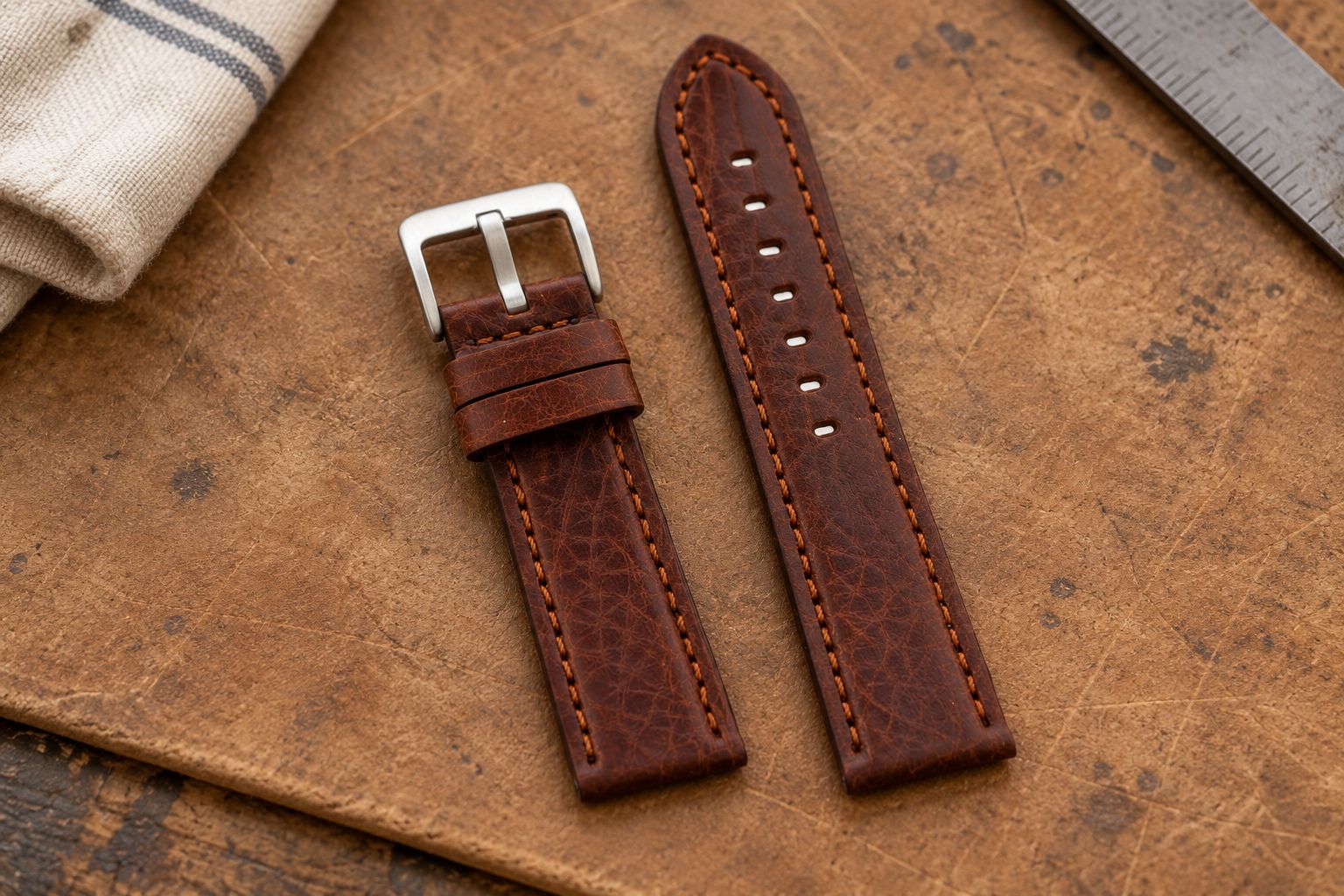 Saddle brown padded leather watch strap with brushed steel buckle