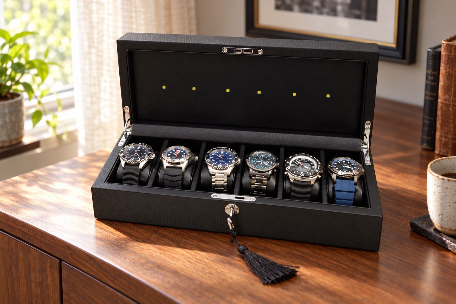 TechSwiss solar charging watch box in carbon fiber, open with six watches on a wooden desk