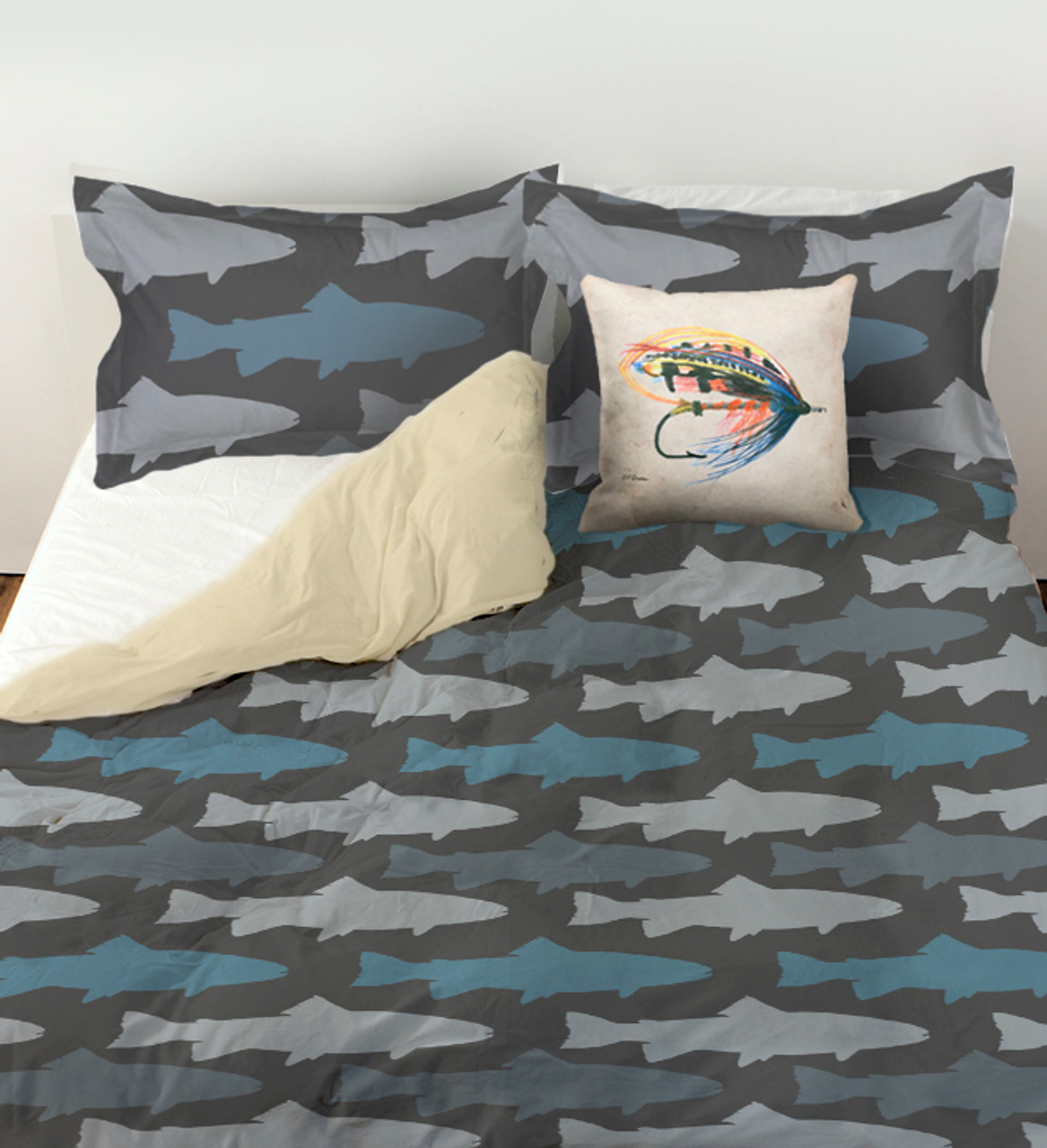 Fly Fishing Blue and Grey Trout Pattern Duvet Bedding Cover