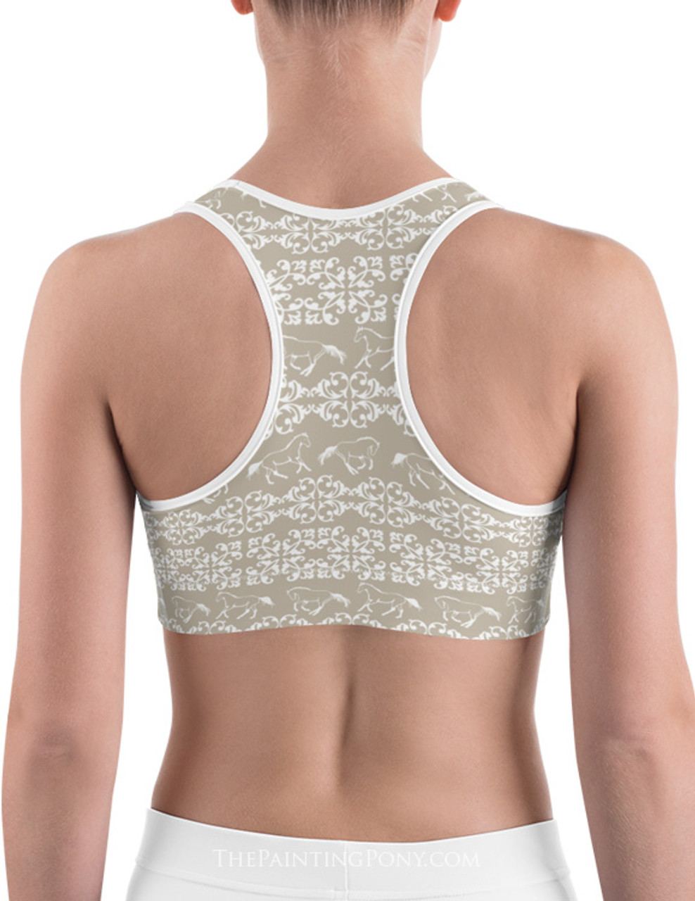 Beige and White Galloping Damask Horse Pattern Sports Bra - The