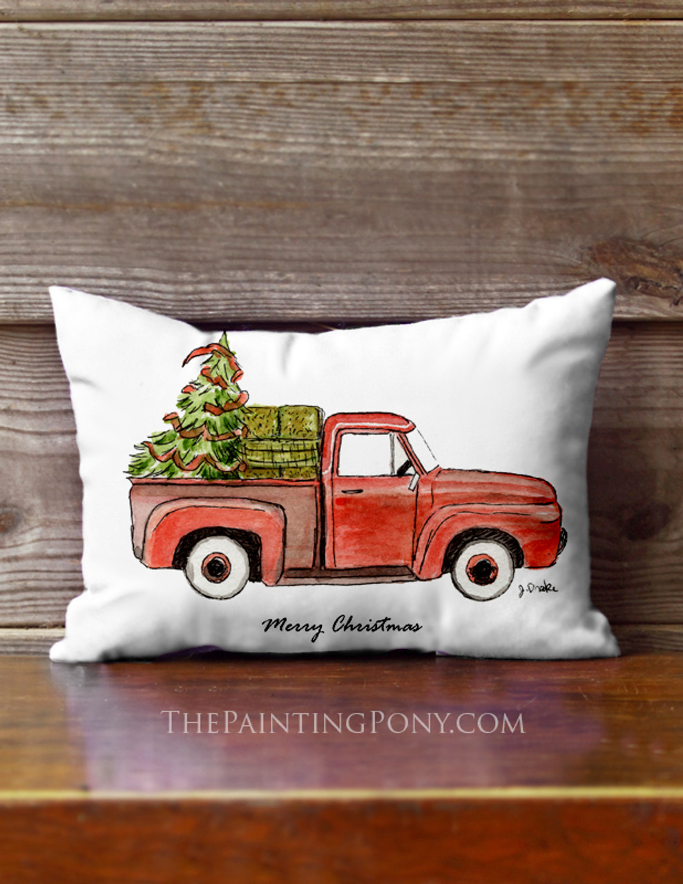 Old Red Truck or Horse Trailer Christmas Accent Pillow