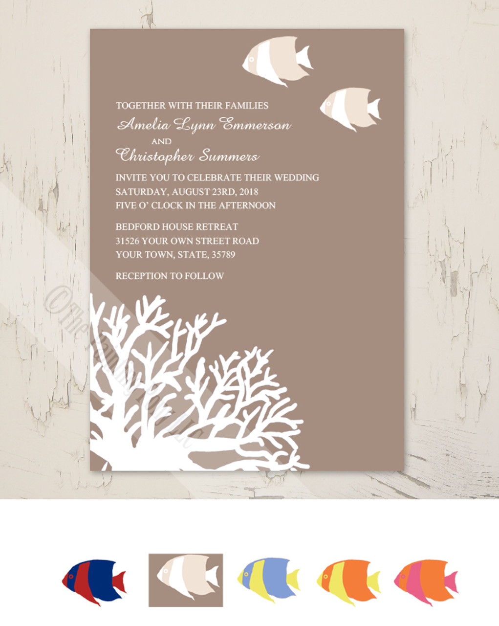 Tropical Coral Beach Wedding Invitation 10 Pk