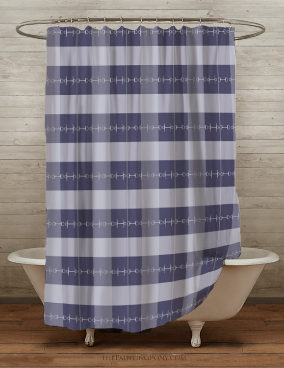 Blue Plaid Horse Bits Equestrian Themed Shower Curtain The