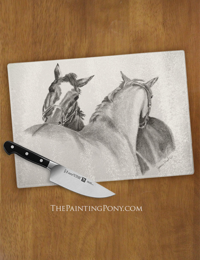 Glass Cutting board, featuring Horse and Foal.