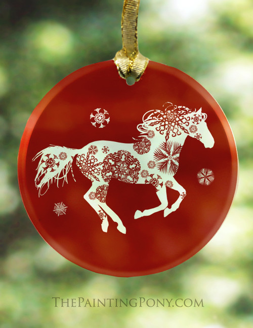 Red Glass Snowflake Horse Christmas Ornament