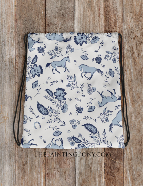 Country Floral Horses Pattern Drawstring Barn Tote Bag (other colors available)