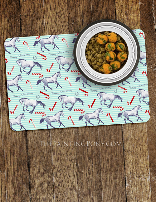 Christmas Candy Canes and Ponies Themed Pet Food Mat