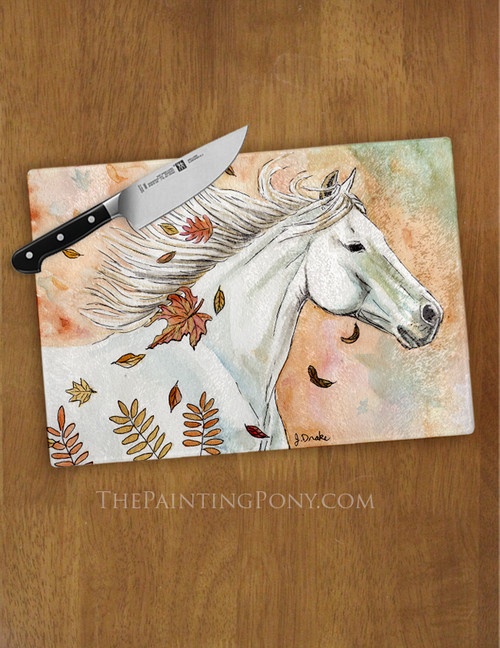 Fall Leaves White Horse Art Equestrian Glass Cutting Board