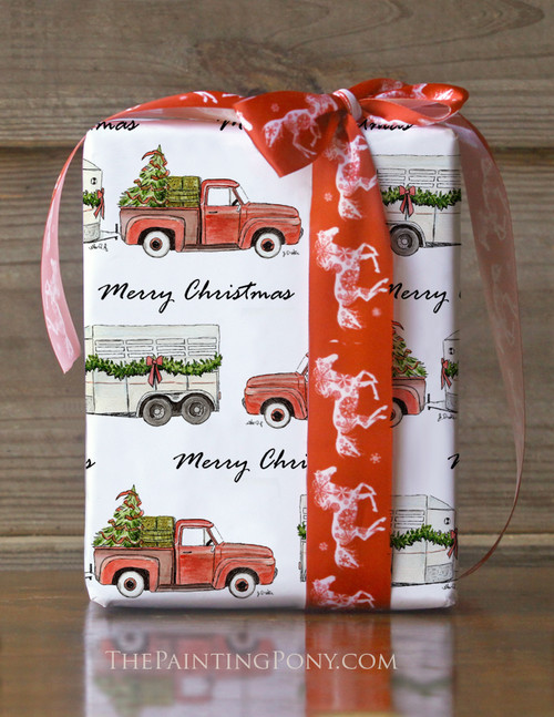 Old Red Farm Truck and Trailer Christmas Gift Wrapping Paper