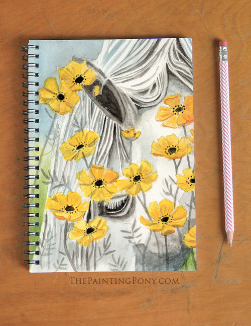 White Horse and Yellow Poppy Flowers Equestrian Spiral Notebook