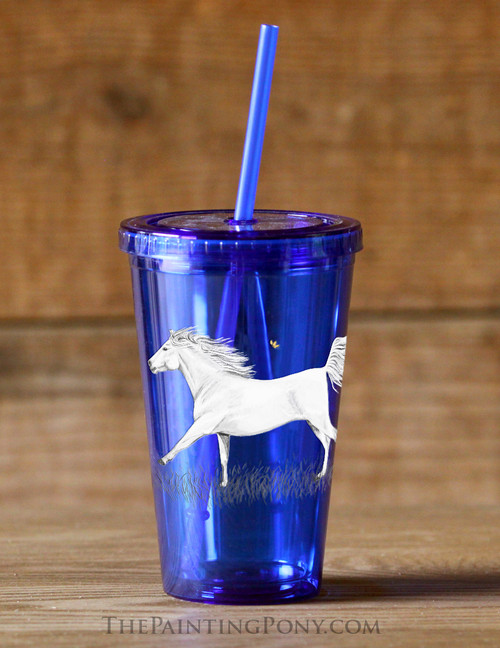 Galloping White Pony Art Equestrian Sedici Tumbler Cup with Straw