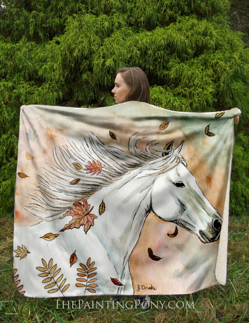 Falling Leaves and White Horse Art Equestrian Fleece Throw Blanket
