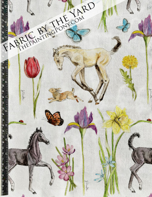 Springtime Fun Horse Foals and Flowers Patterned Fabric by the Yard