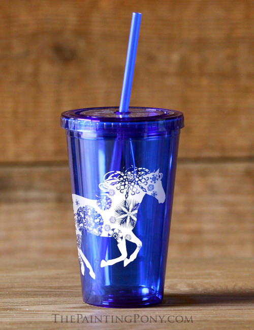 Snowflake Horse Equestrian Sedici Tumbler Cup with Straw