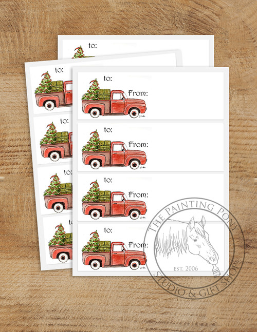 Old Red Farm Truck Art Christmas Horse Gift Tag Labels