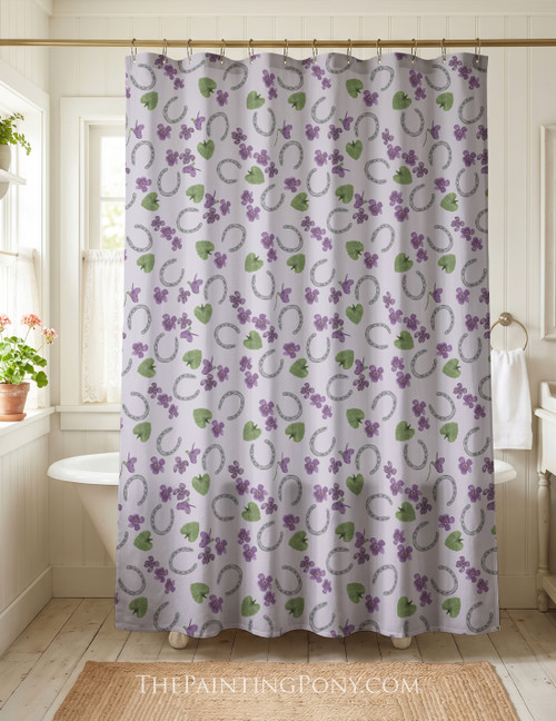 Horse Shoes and Violets Floral Pattern Equestrian Shower Curtain