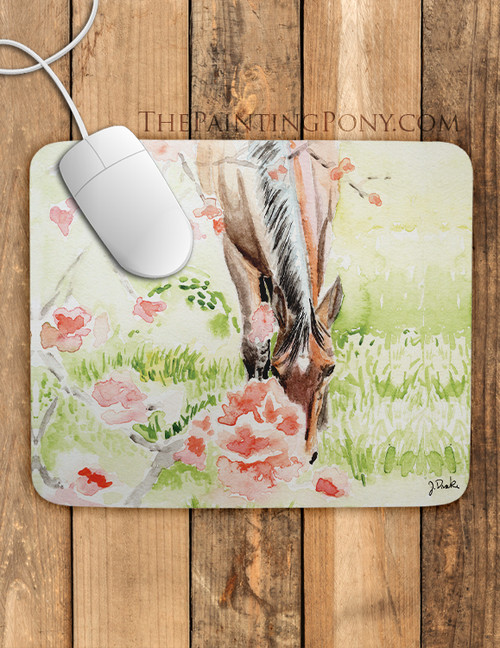 Apple Blossom Watercolor Horse Art Mouse Pad