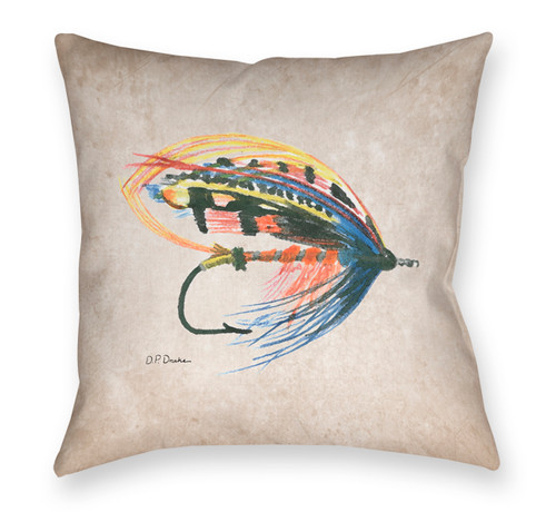 Fly Fishing Themed Throw Pillow with a wet salmon fly lure.