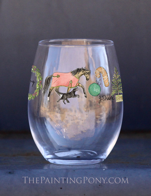 Vintage Christmas Fun Equestrian Stemless Wine Glass