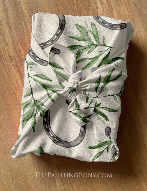 Winter Mistletoe Horse Shoe Pattern Equestrian Furoshiki Fabric Gift Wrap