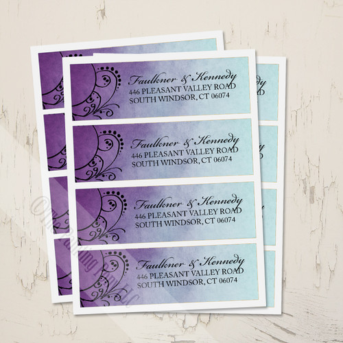 Purple and Teal Artsy Bohemian Wedding return address labels.