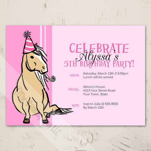 Pink Girl's fifth birthday party invite with a palomino pony theme.