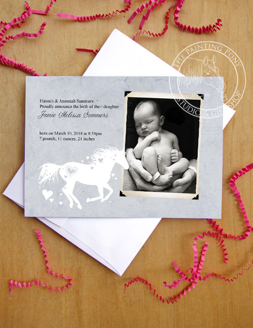 Whimsical Heart Horse Newborn Birth Announcement (10 pk)