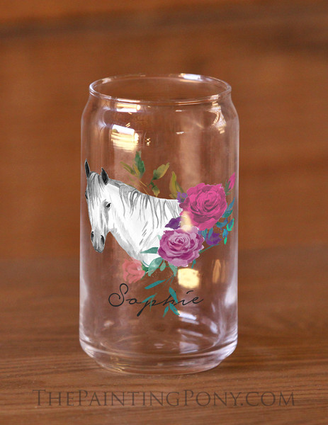 Personalized Floral Horse Head Art Soda Can Glass