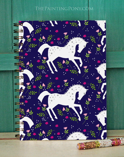 Dappled White Pony Floral Pattern Equestrian Bullet Journal