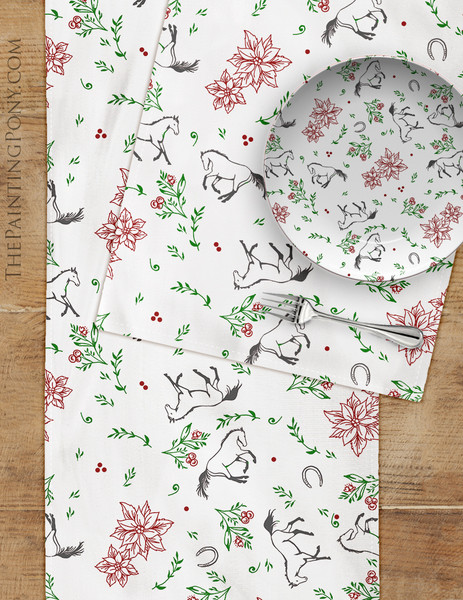 Country Floral Poinsettia and Horses Pattern Christmas Table Runner