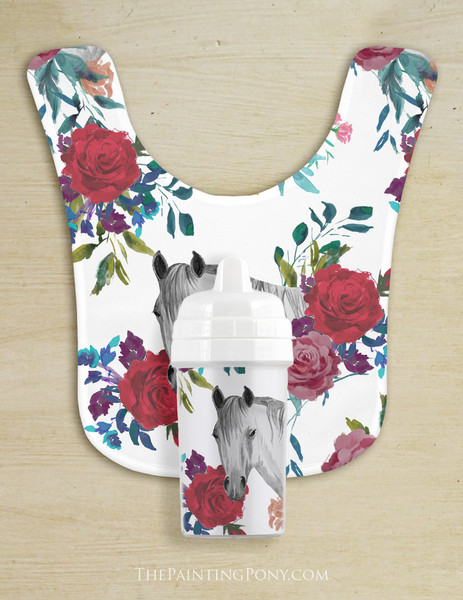 Floral Horse Head Pattern Baby Bib & Sippy Cup Set