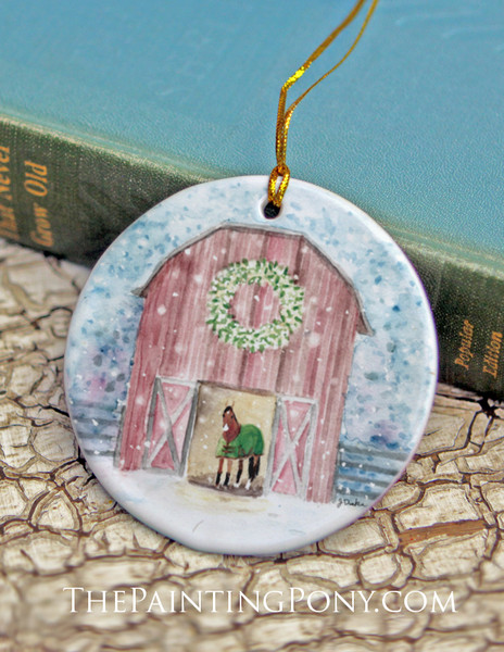Snowy Red Country Horse Barn Christmas Ornament