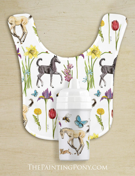 Springtime Fun Horse Foals and Flowers Baby Bib & Sippy Cup Set