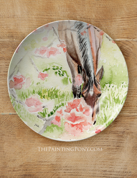 Apple Blossoms Horse Watercolor Art Equestrian 10" Dinner Plate