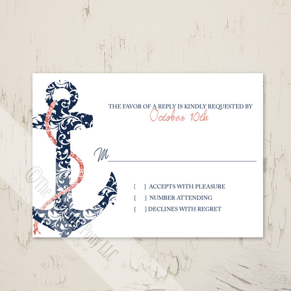 Beach wedding ship anchor RSVP and response card.