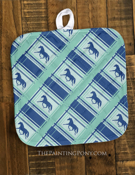 Teal Blue Plaid Horse Pattern Equestrian Pot Holder
