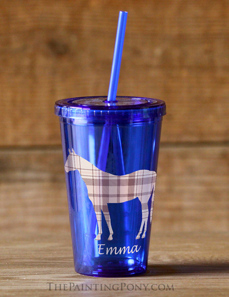 Personalized Plaid Horse Equestrian Sedici Tumbler Cup with Straw