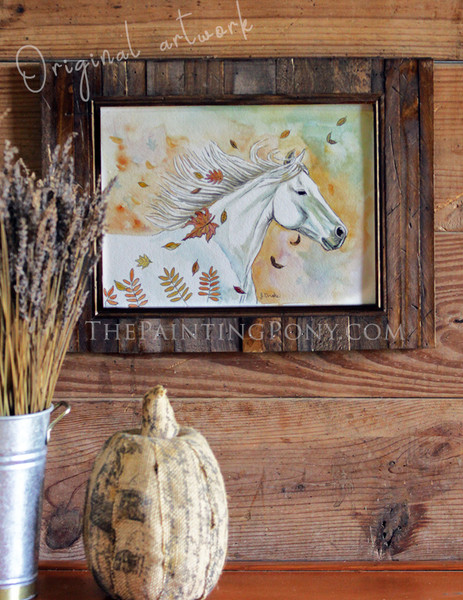 "Autumn Gallop" White Horse Original Watercolor Painting