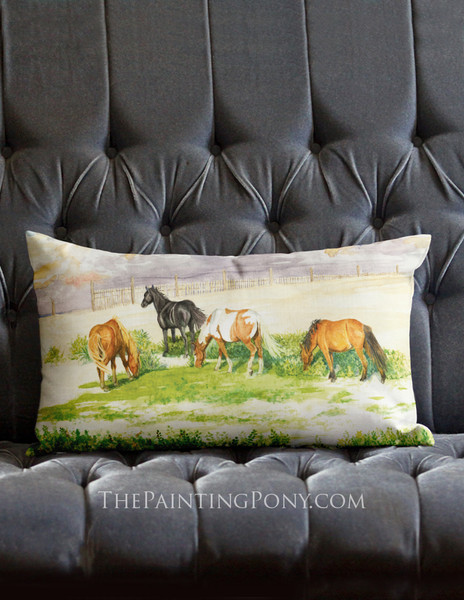 Horses on the Beach Watercolor Equestrian Lumbar Pillow