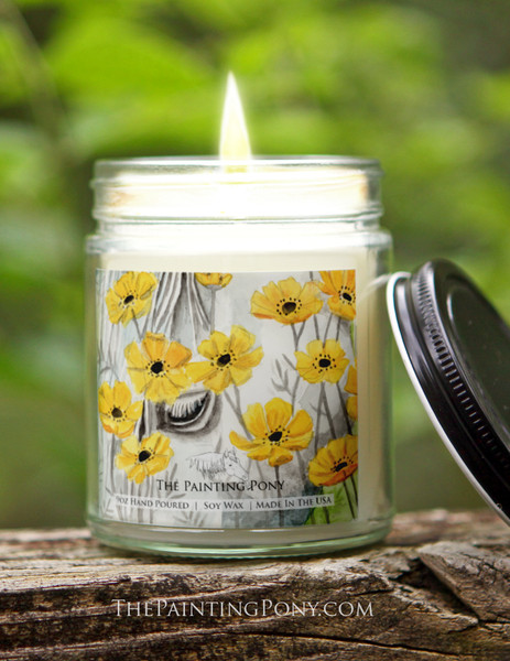 Yellow Poppies and White Horse Equestrian 9 oz Soy Jar Candle