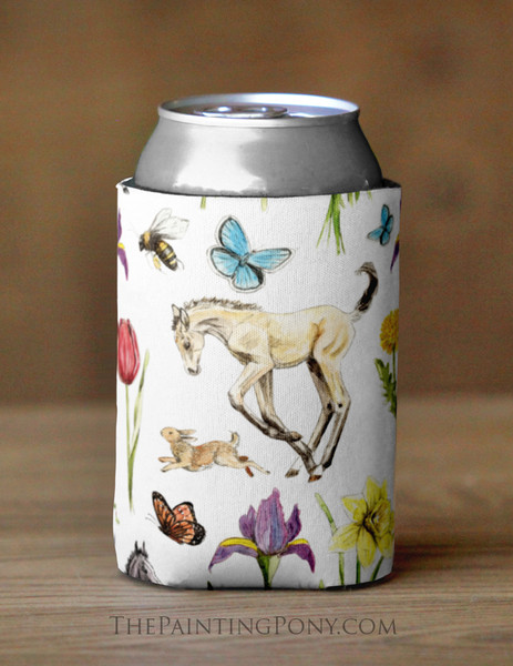 Springtime Fun Horse Foals and Flowers Equestrian Can Cooler