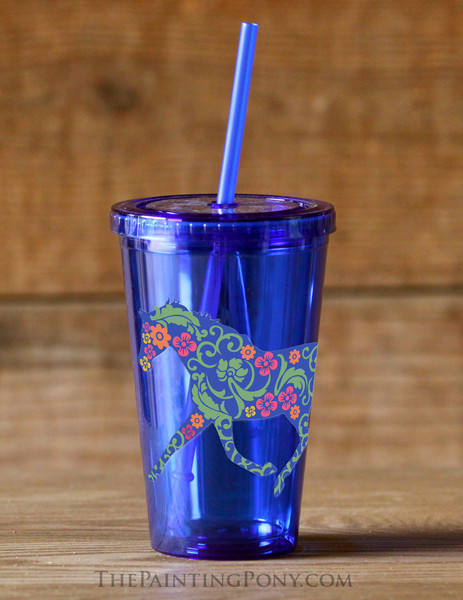 Trotting Floral Horse Equestrian Sedici Tumbler Cup with Straw