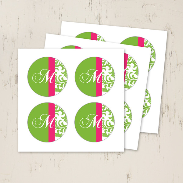 Pink and green wedding monogram stickers