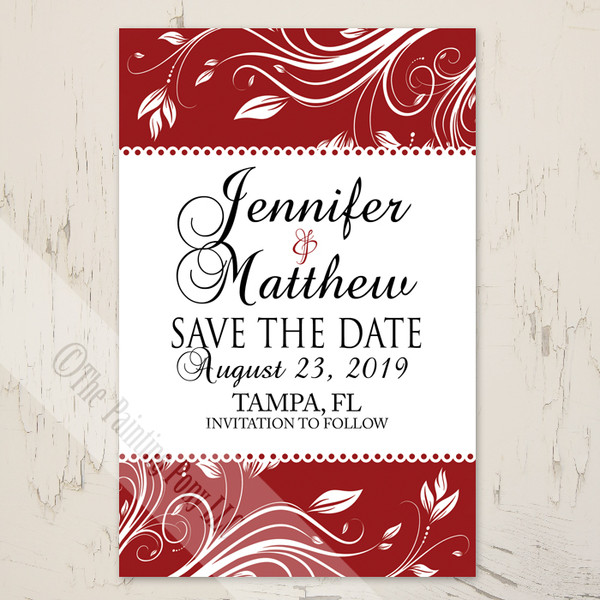 red and white floral swirls wedding save the date postcard