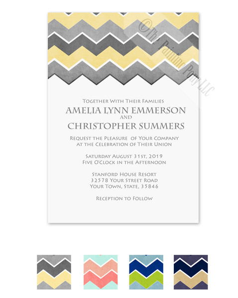 Yellow and grey chevron pattern wedding invitation