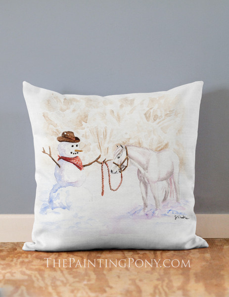 Cowboy Snowman and Pony Equestrian Christmas Throw Pillow