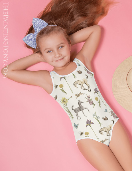 Spring Fun Foals and Flowers Pattern Equestrian Youth Swim Suit