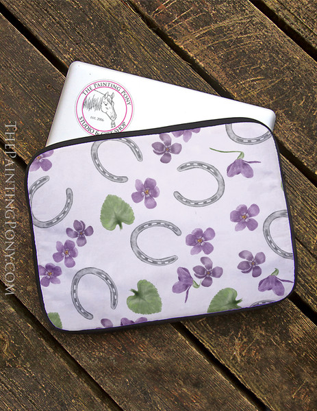 Horse Shoes and Violets Floral Pattern Equestrian Laptop Sleeve